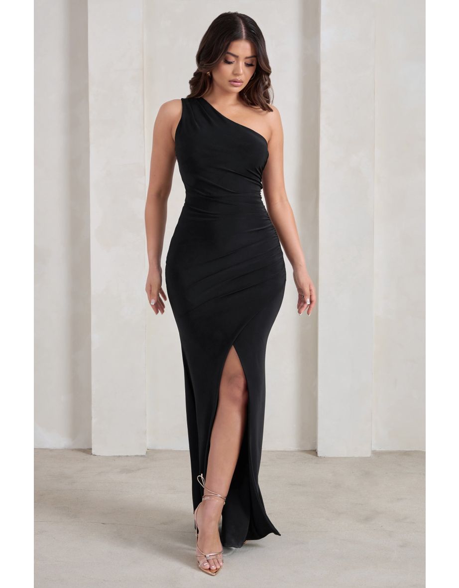 Lilou | Black One Shoulder Wrap Skirt Maxi Dress - 4