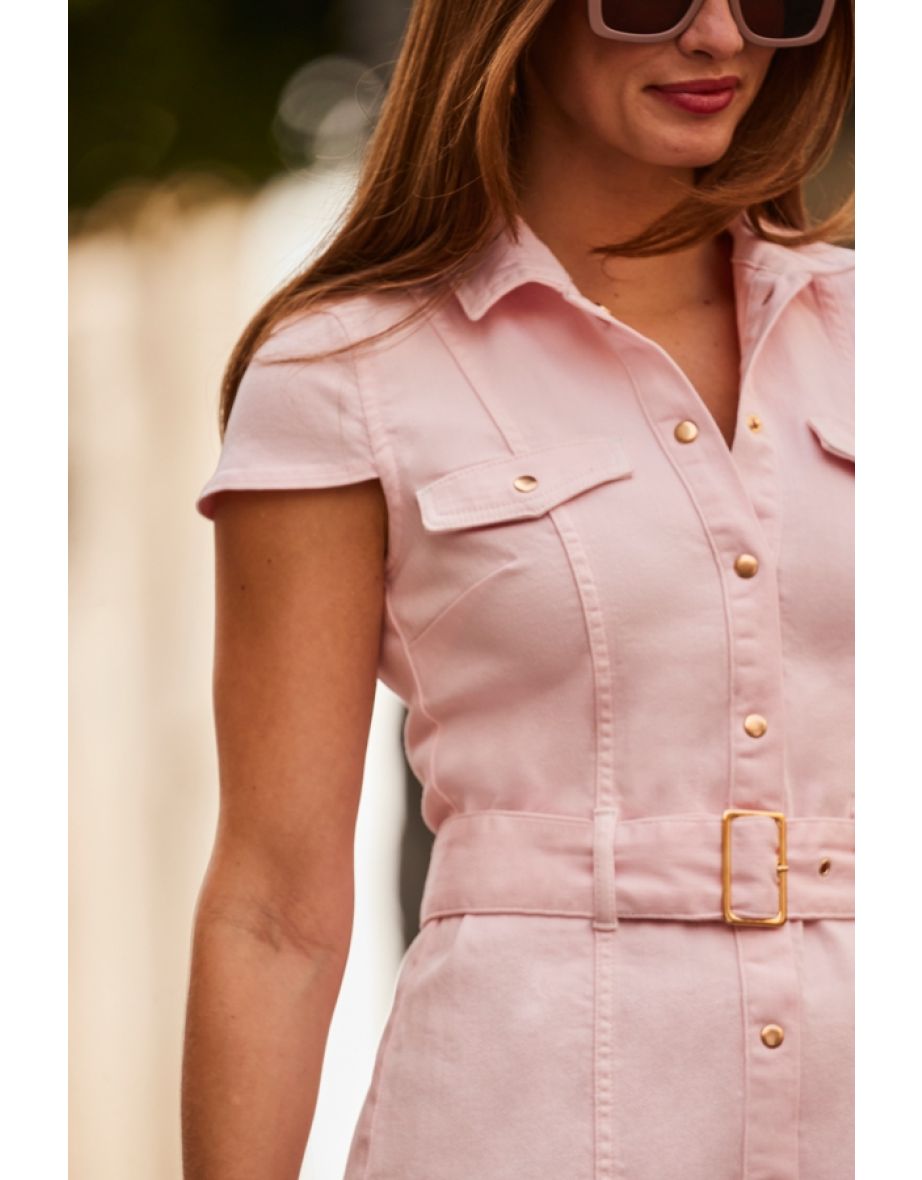 Soft Pink Belted Denim Dress - 4