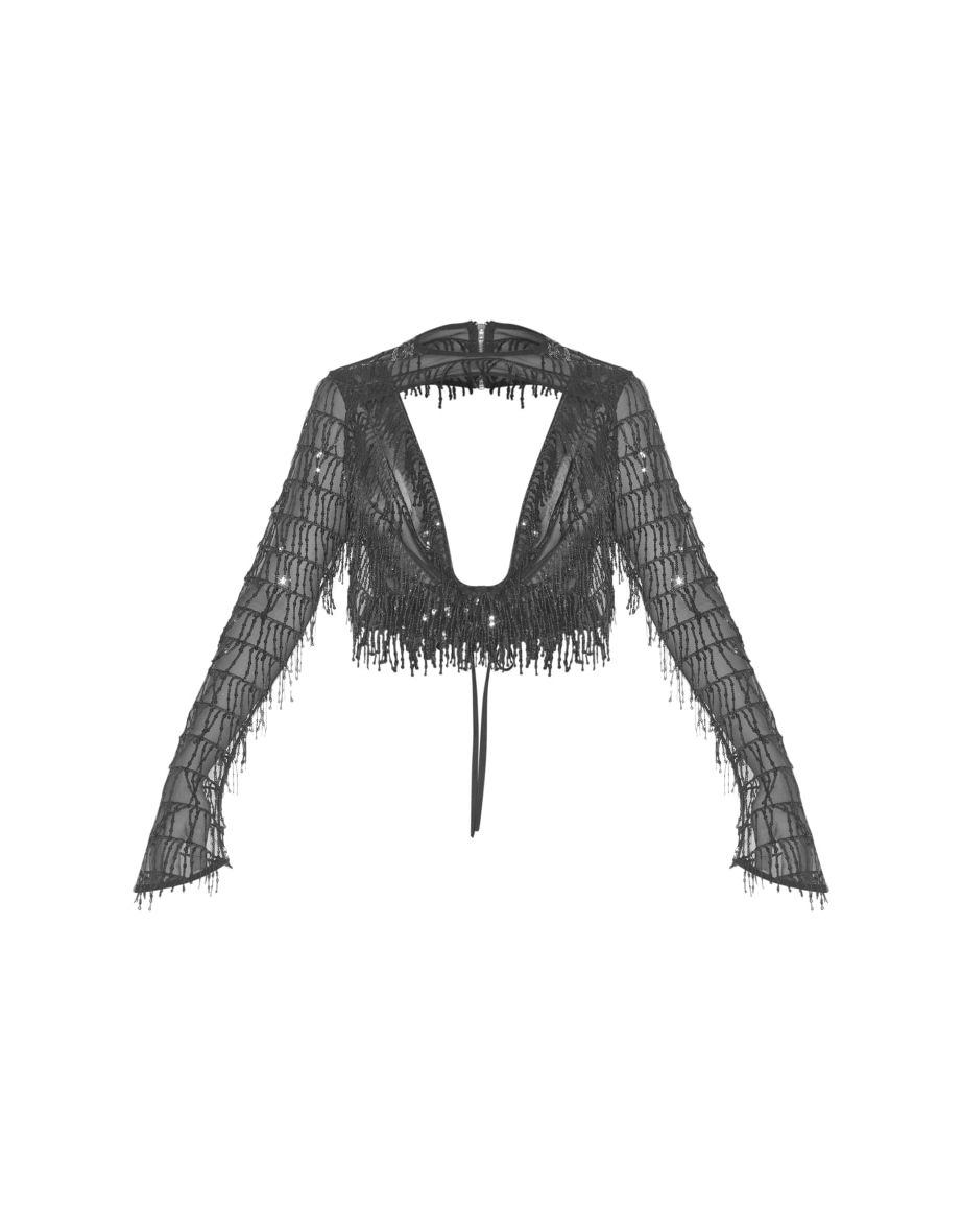Black Sequin Detail Cowl Neck Tie Back Top - 4