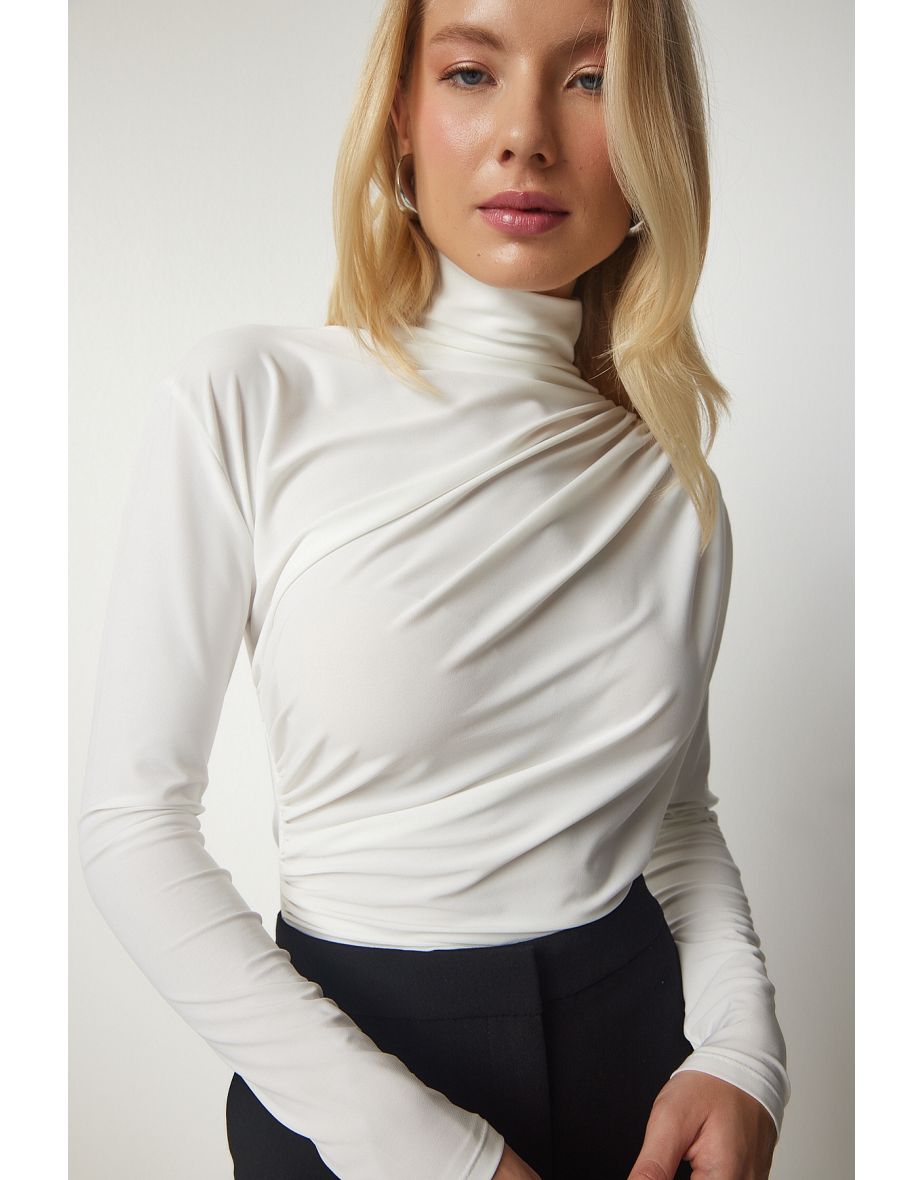 Women's Ecru Shirring Detail Standing Collar Sandy Blouse