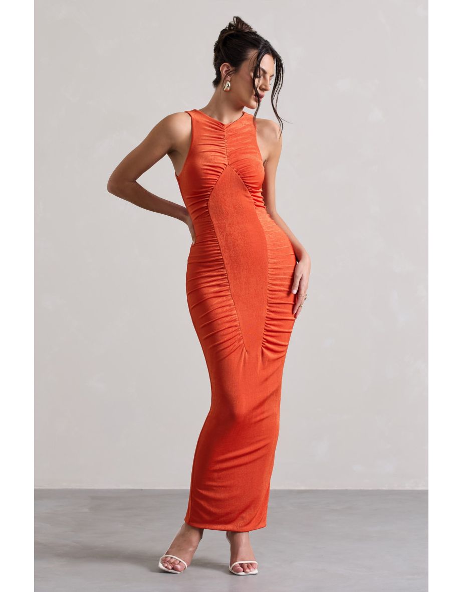 Bombshell | Orange High Neck Diamond Ruched Maxi Dress - 4