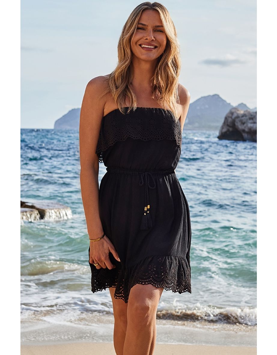 Black Broderie Trim Bandeau Beach Dress
