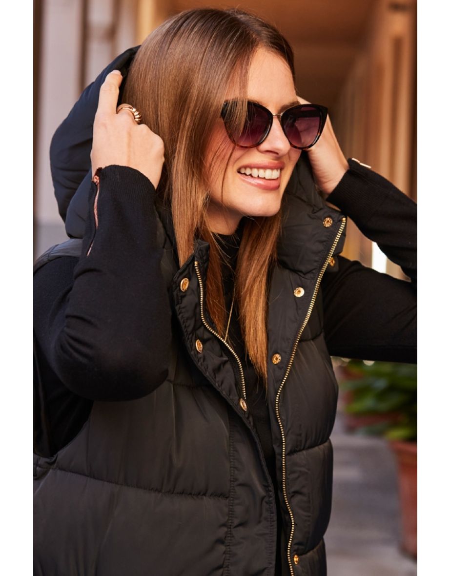 Black Longline Padded Hooded Gilet With Pockets - 4