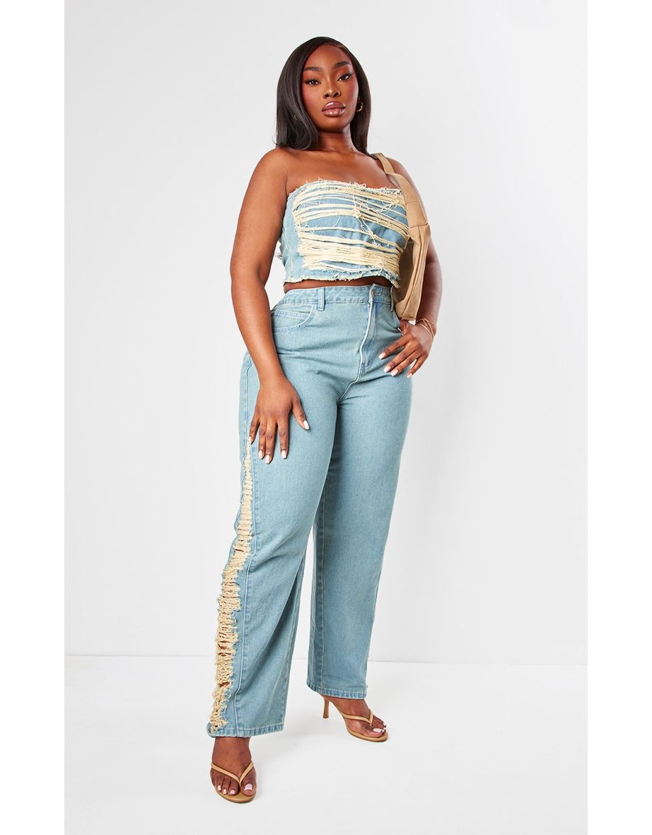 Plus Vintage Wash Extreme Fraying Detail Cropped Denim Corset Top