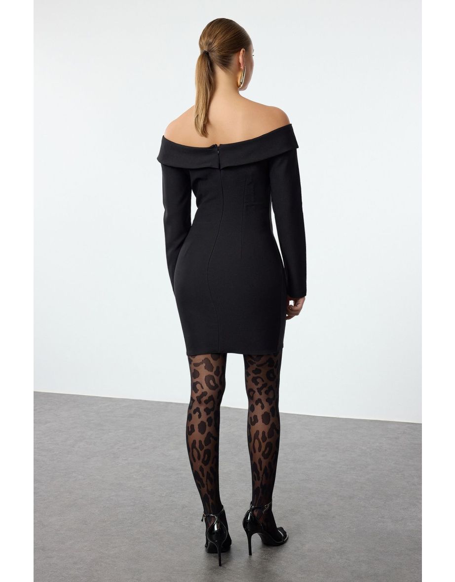 Black Body-Sit Carmen Collar Woven Short Dress - 4