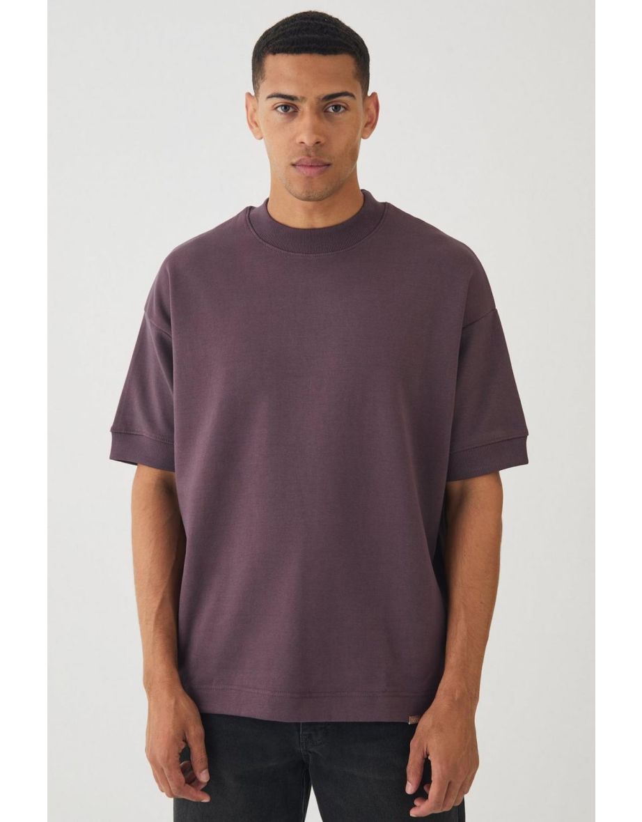 Man Oversized Extended Neck Heavy Interlock Ribbed Cuff  T-shirt - plum