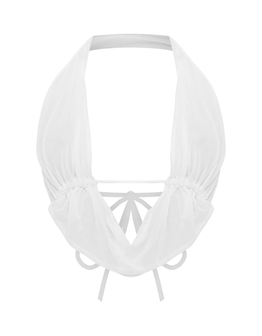 White Chiffon Drape Ruched Backless Halter Neck Top - 4