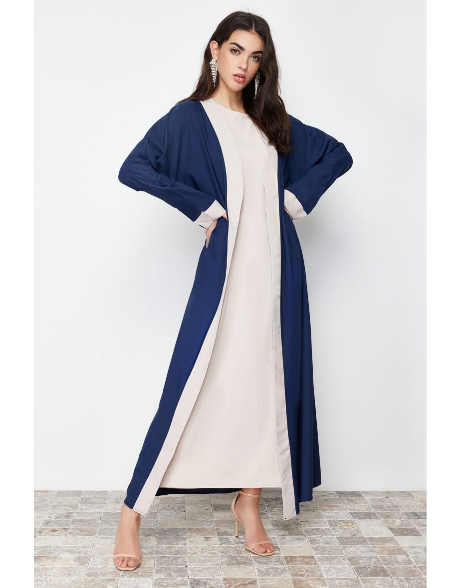 Navy Blue Color Block Long Woven Cap & Abaya