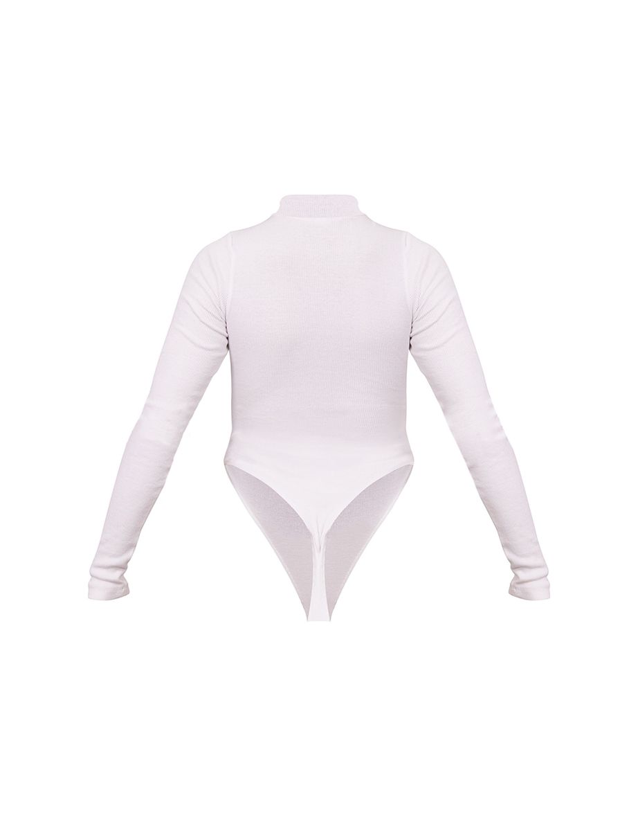White Basic Soft Ribbed High Neck Long Sleeve Bodysuit - 5