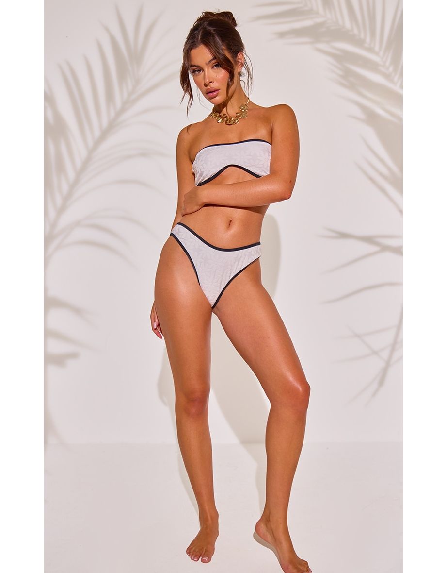 White Contrast Binding Flower Towelling High Leg Bikini Bottoms