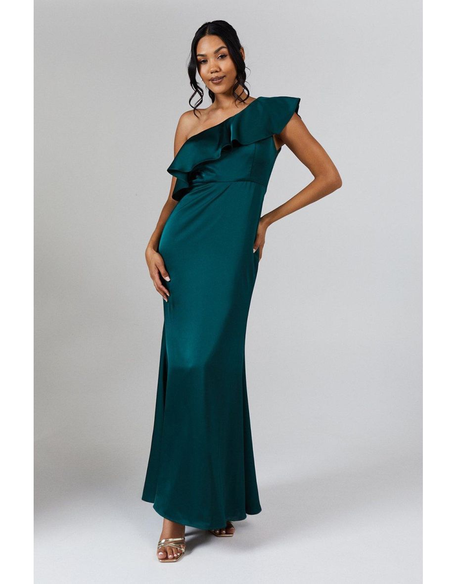 Ruffle Detail One Shoulder Satin Bridemaids Dress