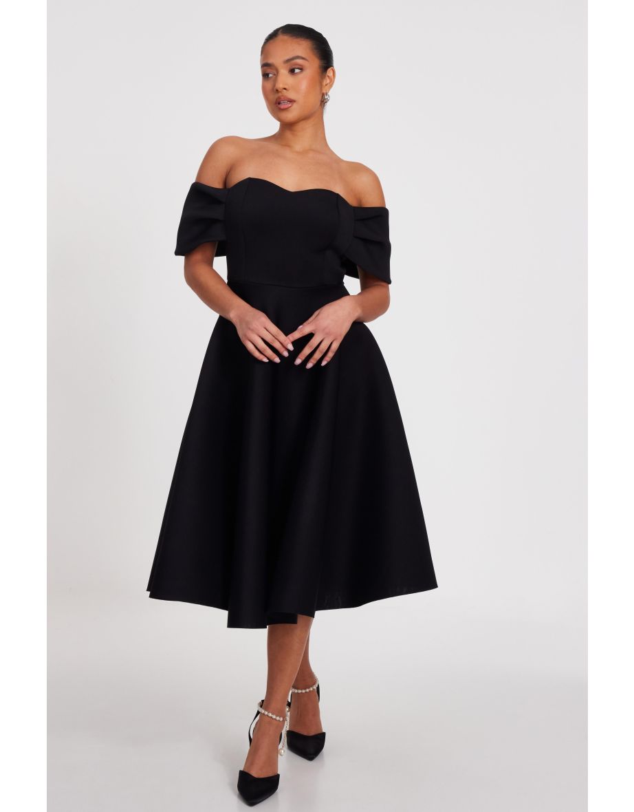 Petite Black Bardot Midi Skater Dress