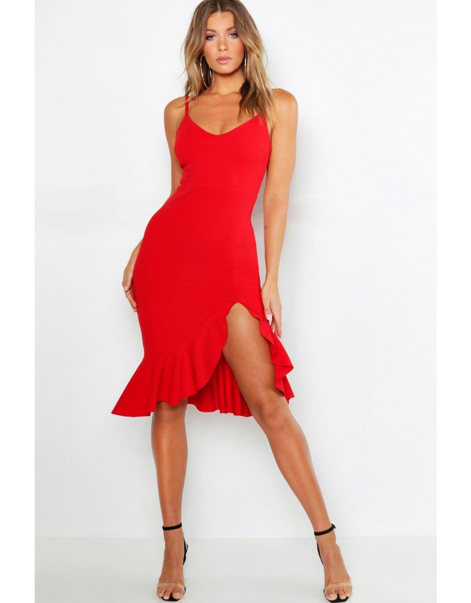 فستان ميدي بحواف كشكش بحمالات رفيعة - أحمر