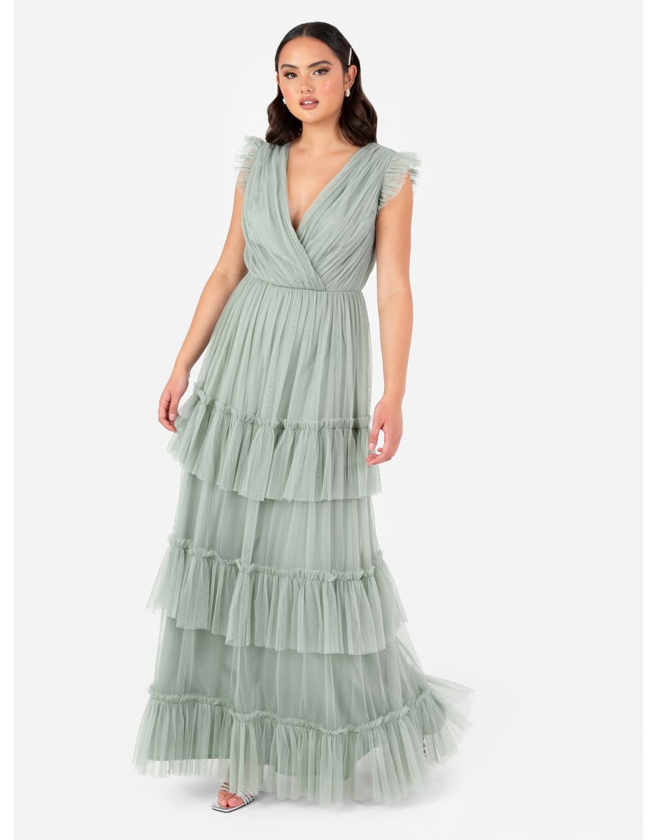 Anaya With Love Recycled Frosty Green Short Sleeve V Neck Tiered Maxi Dress