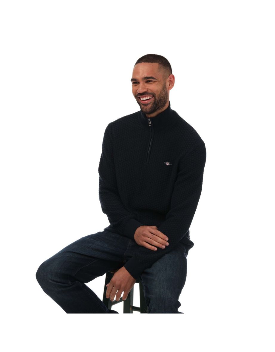Men's Gant Textured Cotton Half-Zip Jumper in Blue - 3