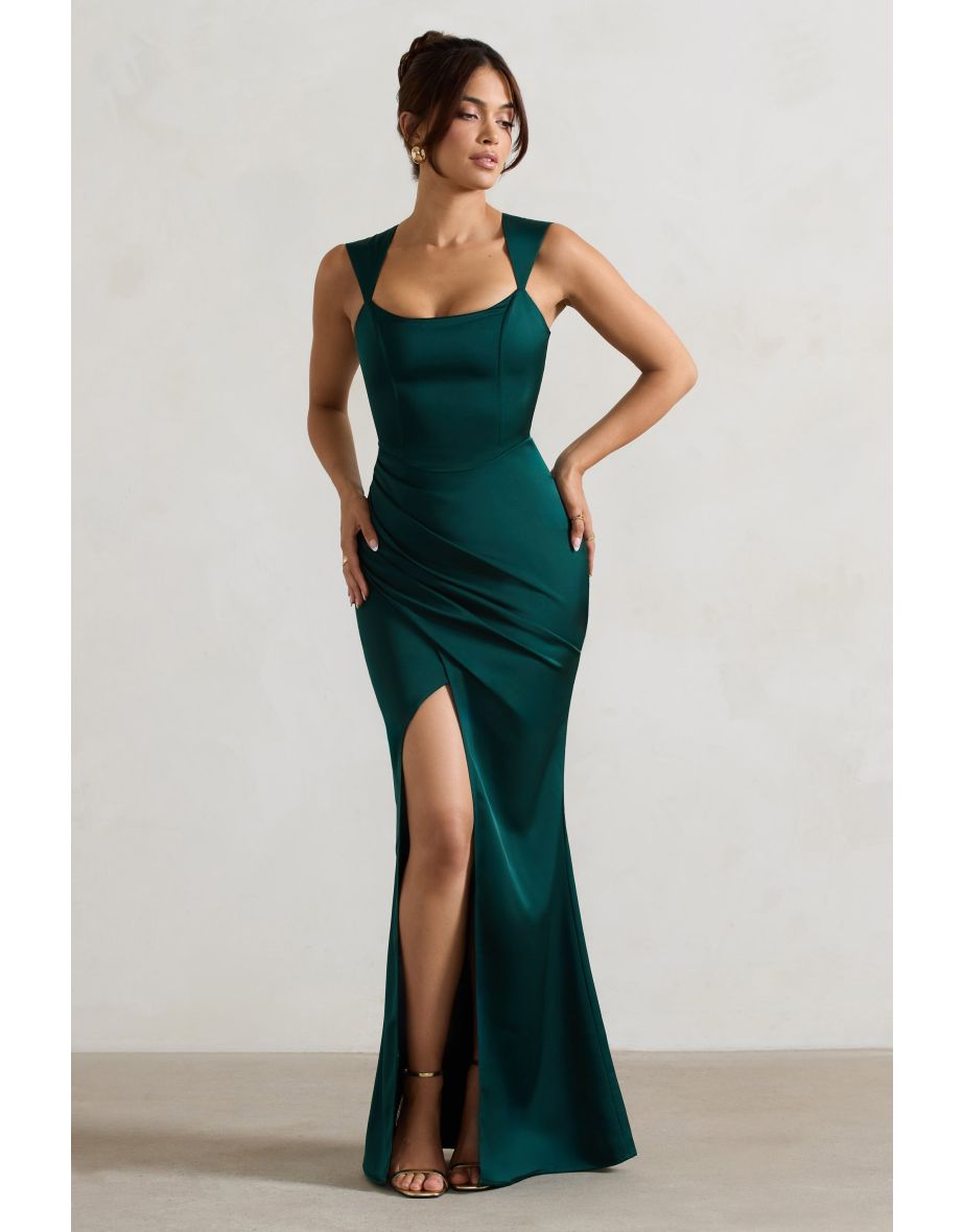 A Romantic | Bottle Green Satin Corset Wrap Floor Length Dress - 4