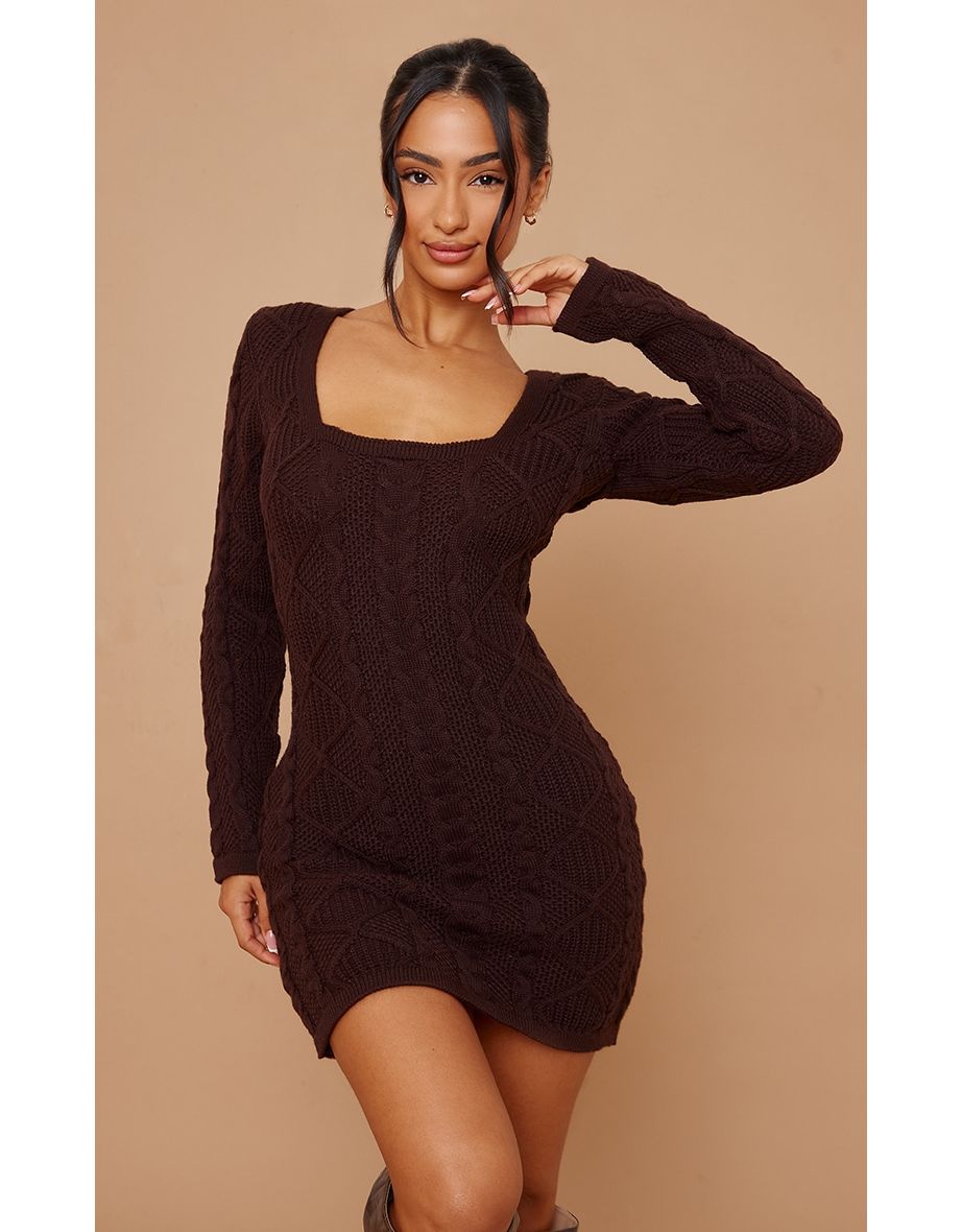 Shop Petite Chocolate Cable Knit Jumper Dress Online in Bahrain VogaCloset