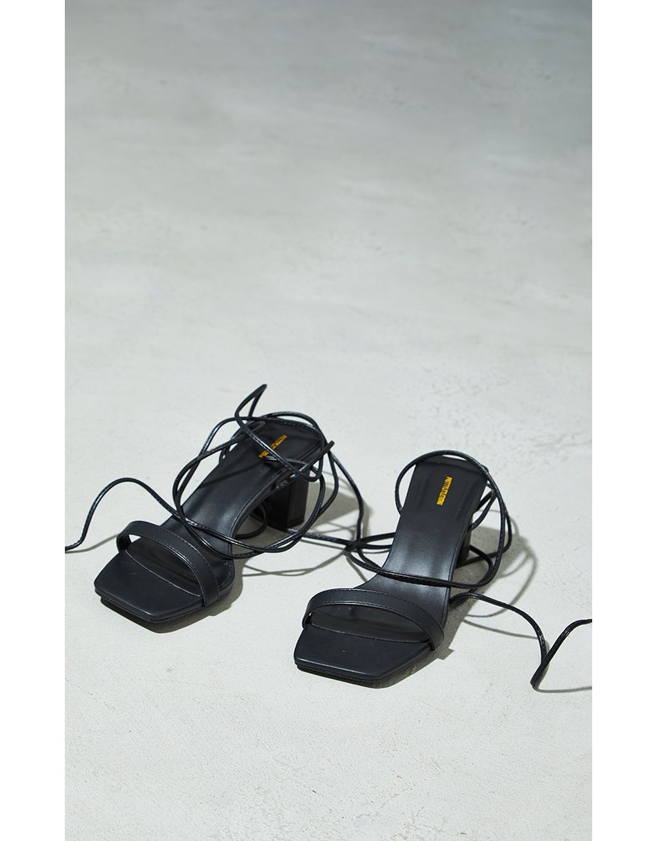 Black Wide Fit PU Square Toe Lace Up Low Block Heeled Sandals - 3
