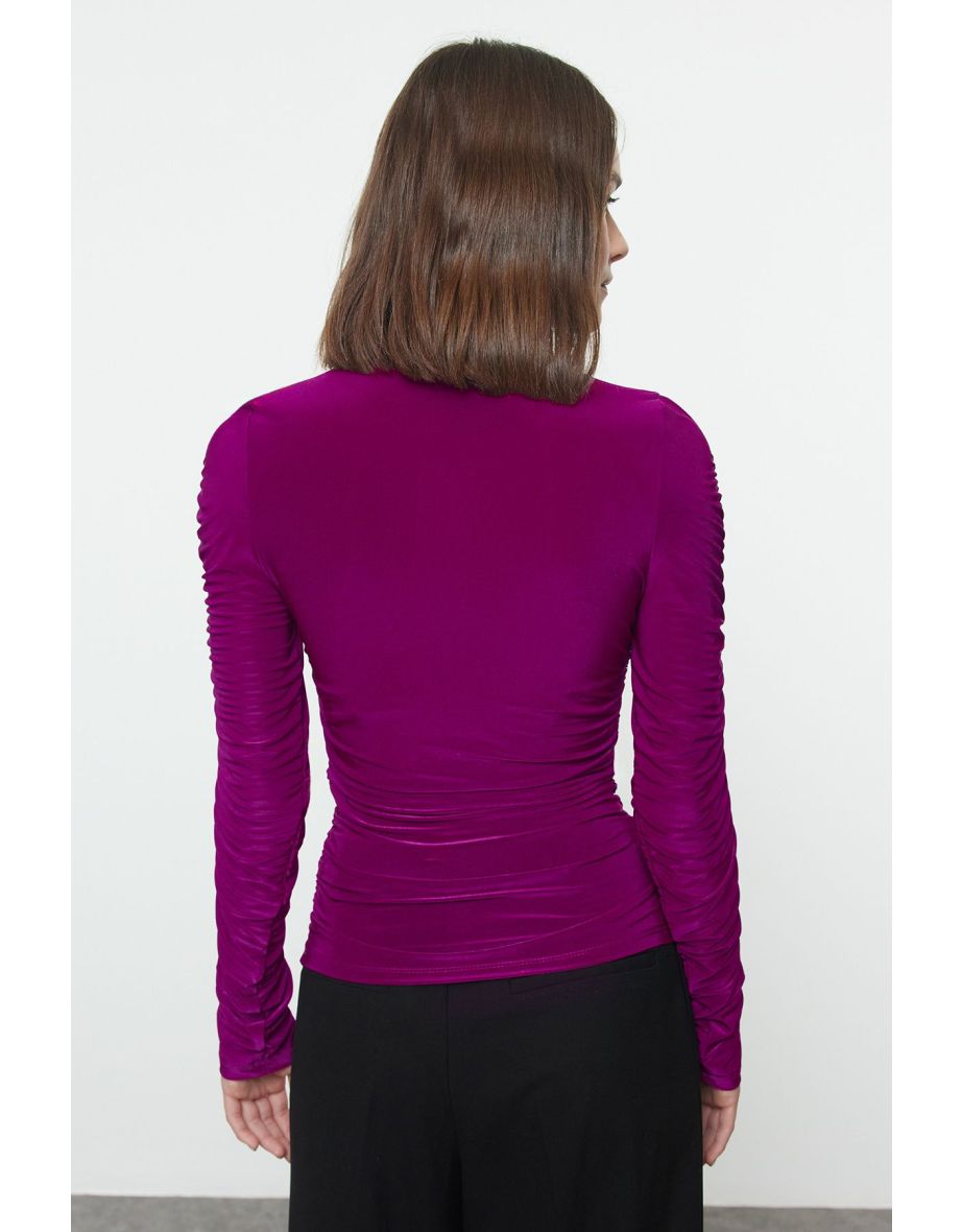 Purple Ruffle/Drape Detailed Turtleneck Fitted/Closed Knitted Blouse - 4