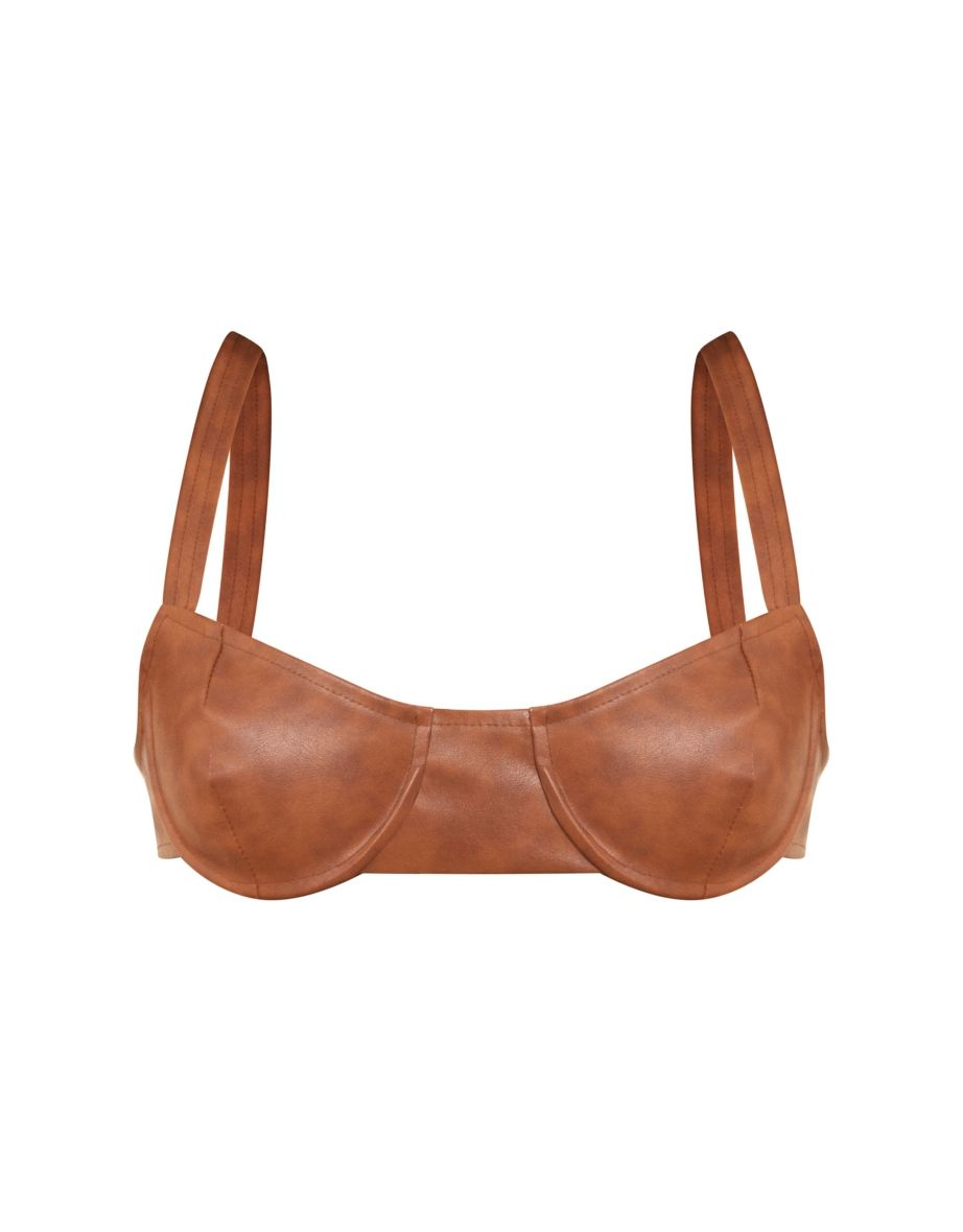 Brown Acid Wash Textured Faux Leather Bralette - 4