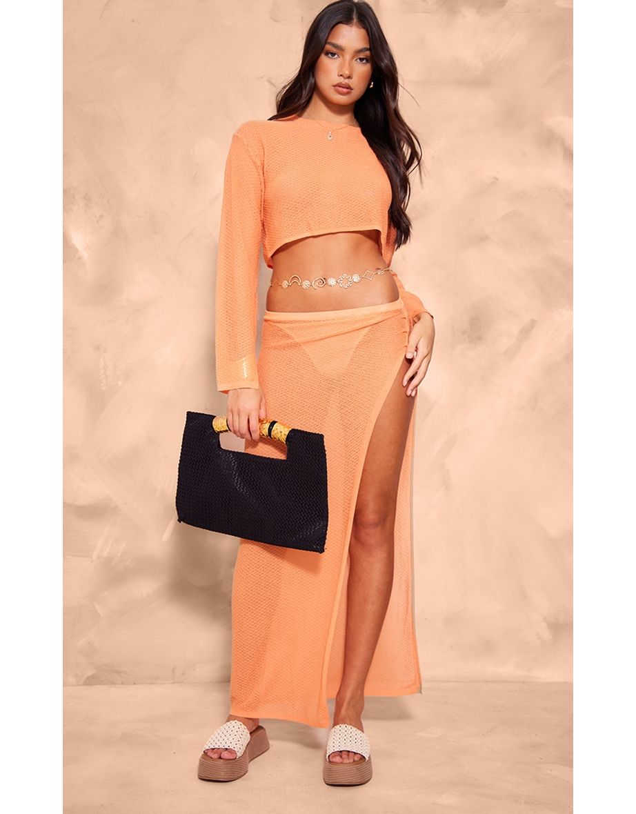 Orange Textured Sheer Knit Ruched Side Maxi Skirt