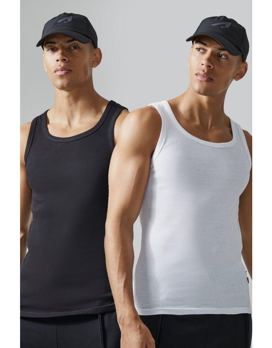 Man Active Gym Muscle Fit 2 Pack Ribbed Vests - multi