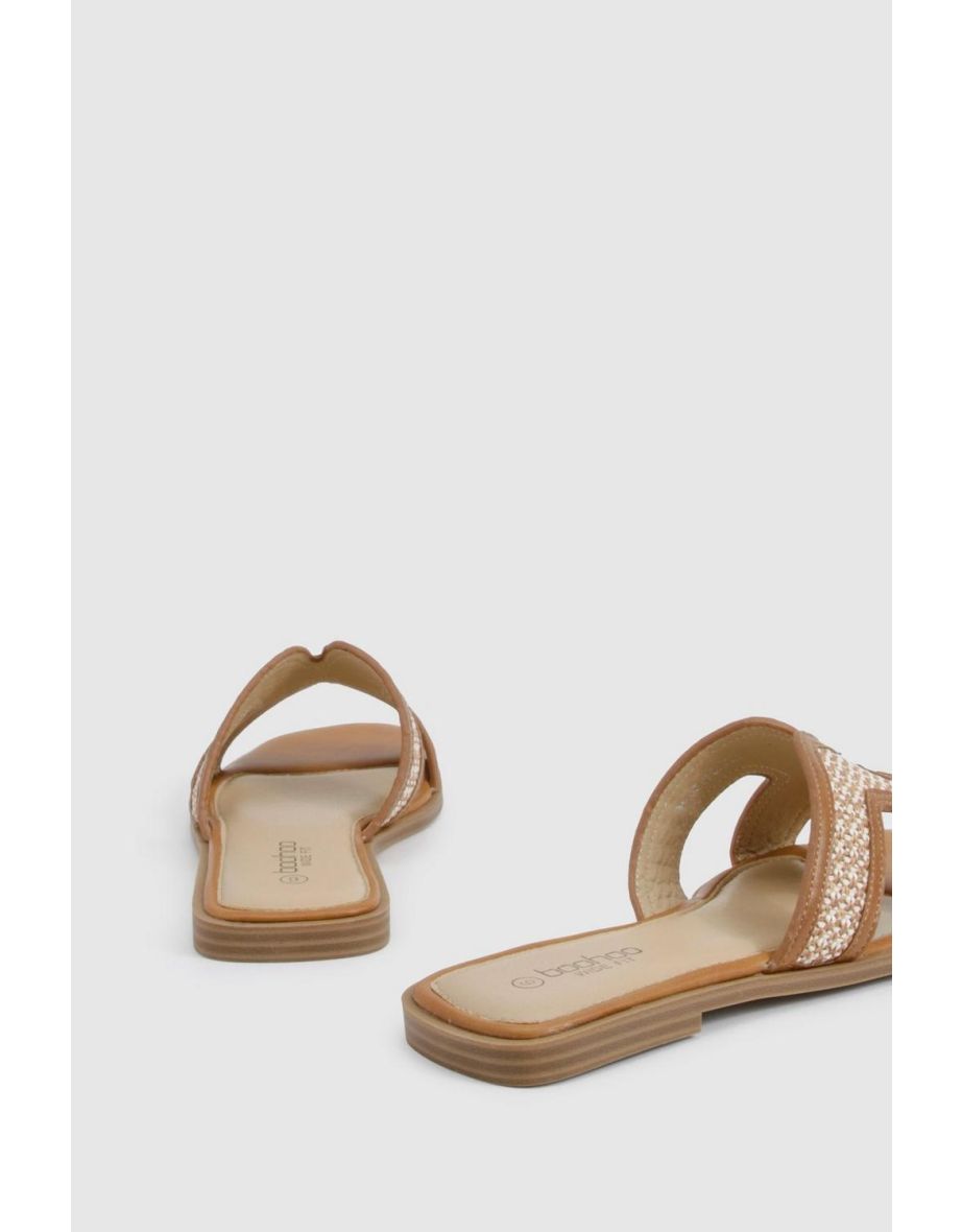 Wide Fit Contrast Raffia Cut Out Sliders - camel - 3