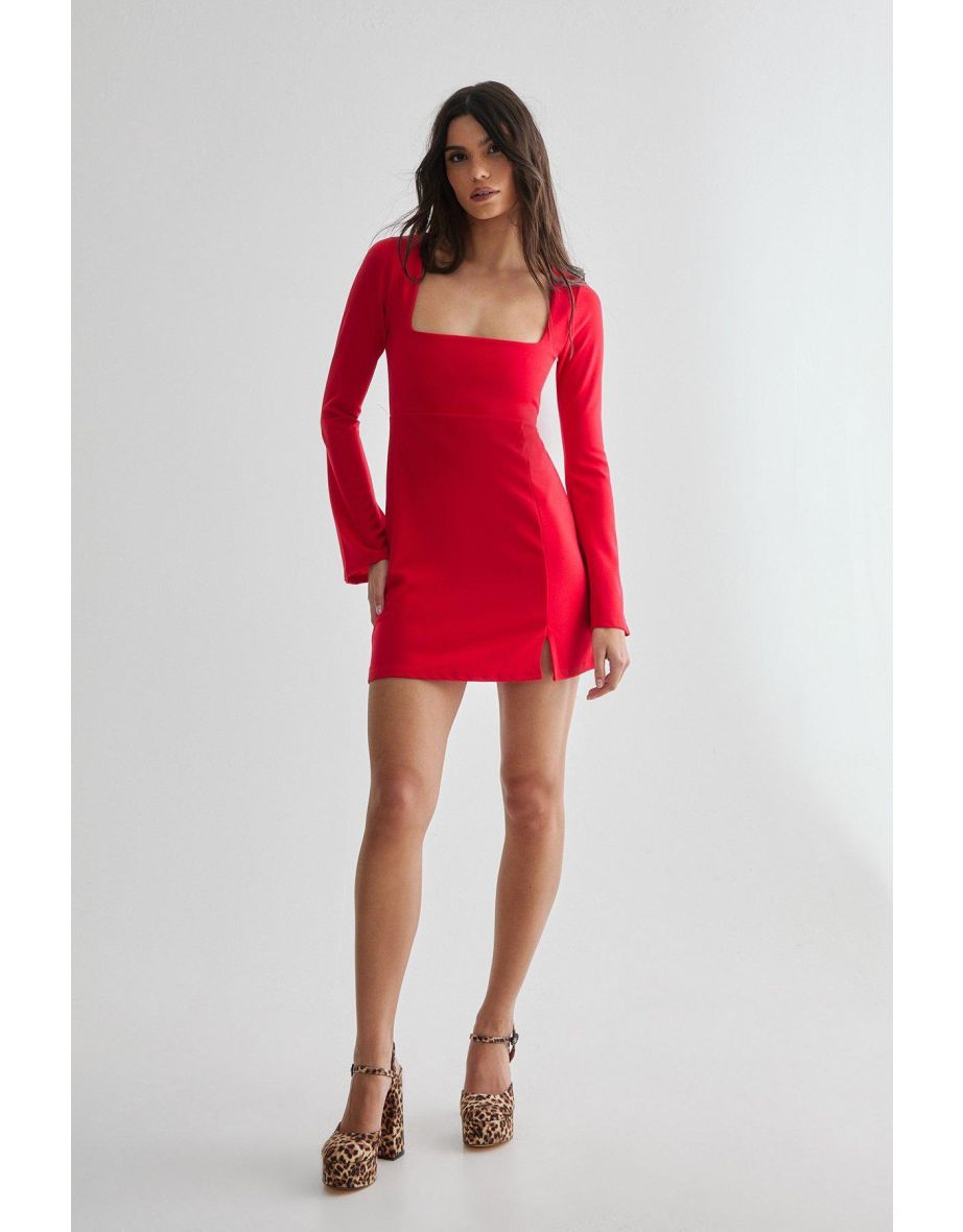 Square Neckline Long Sleeve Mini Dress