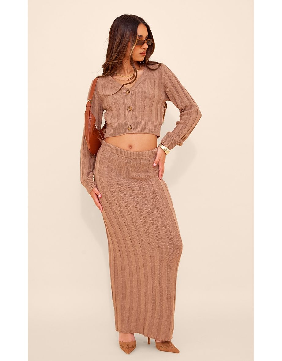 Mocha Wide Rib Textured Knit Maxi Skirt