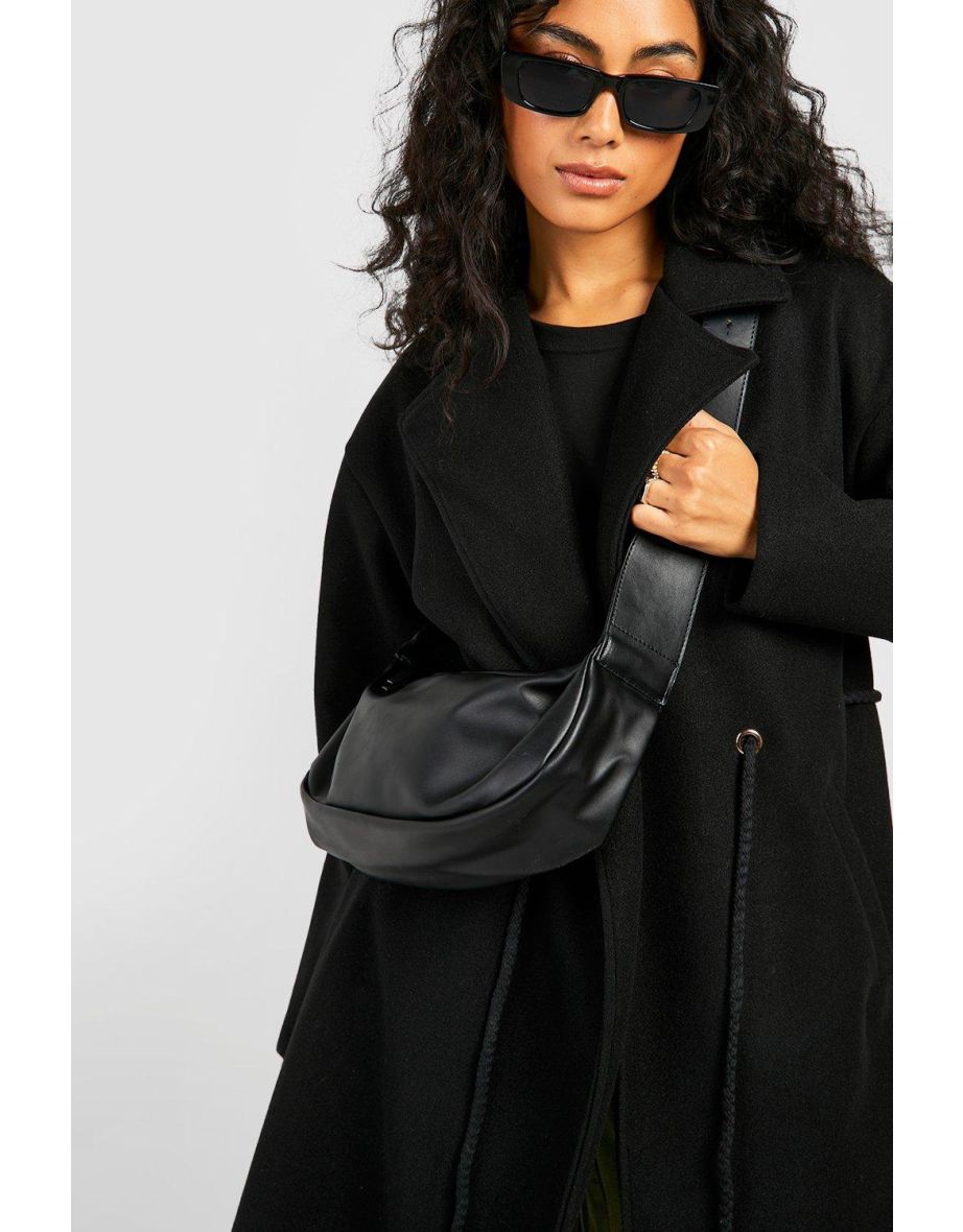 Belt Detail Longline Wool Look Coat - black - 3