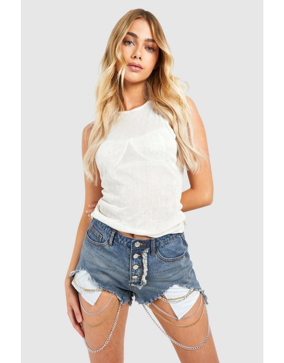 Chain Tassel Detail Denim Shorts - mid blue