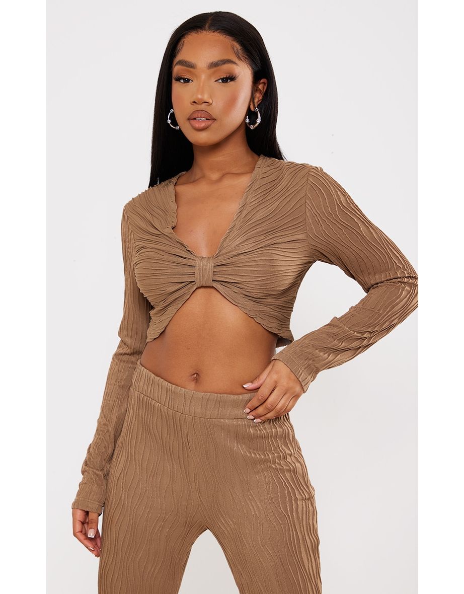 Taupe Textured Twist Front Long Sleeve Top