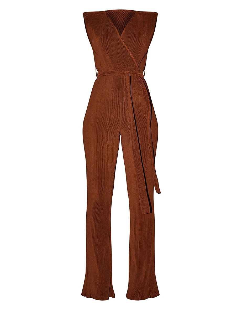 Chocolate Pleated Shoulder Pad Flared Leg Jumpsuit - 4