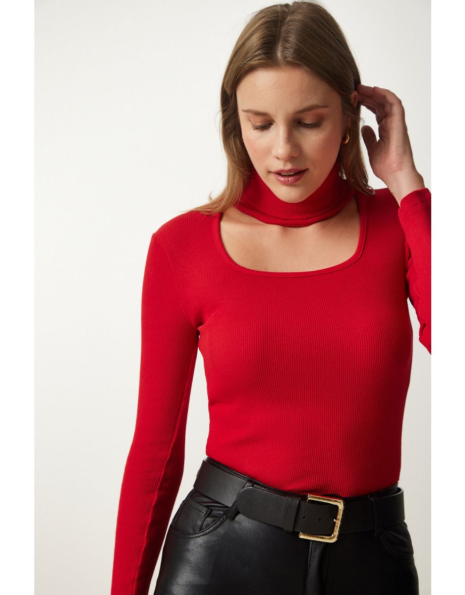 Women's Red Cut Out Detailed Turtleneck Corded Knitted Blouse