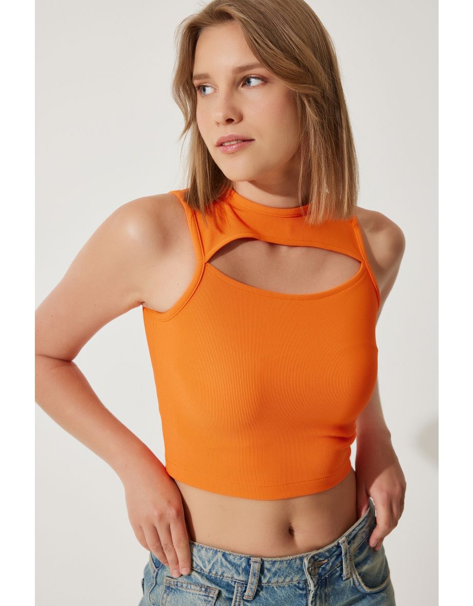 Women's Orange Cut Out Detailed Ribbed Crop Knitted Blouse - 5