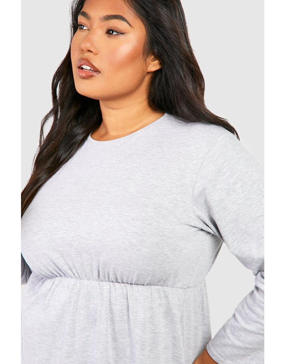 Plus Cotton Ruffle Elastic Waist Midi Dress - grey marl - 3
