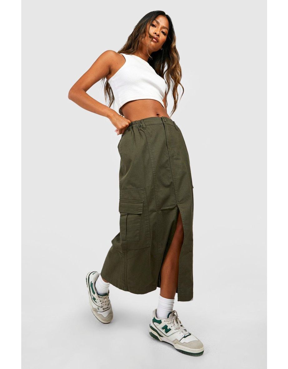 Shop Elasticated Waist Midi Cargo Skirt khaki Online in Qatar VogaCloset