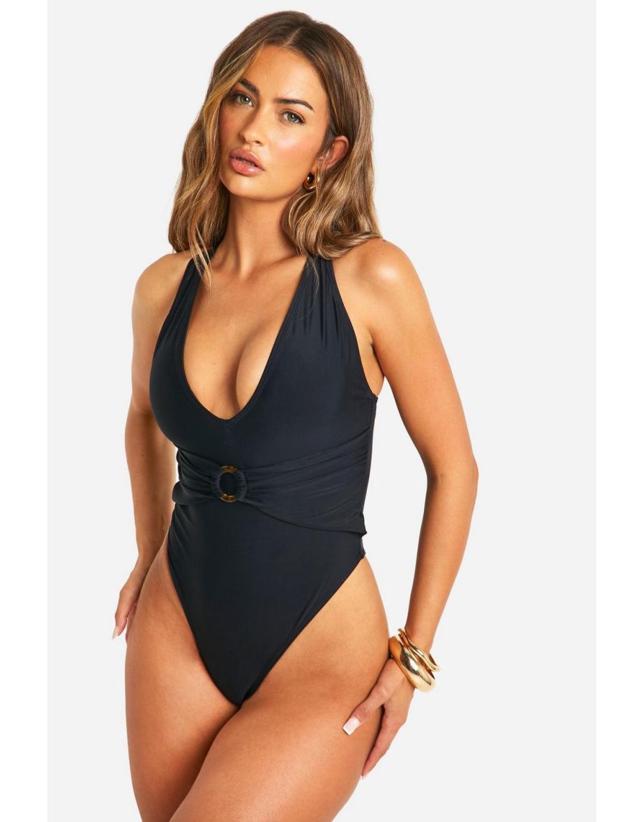 Tummy Control O-ring Plunge Swimsuit - black
