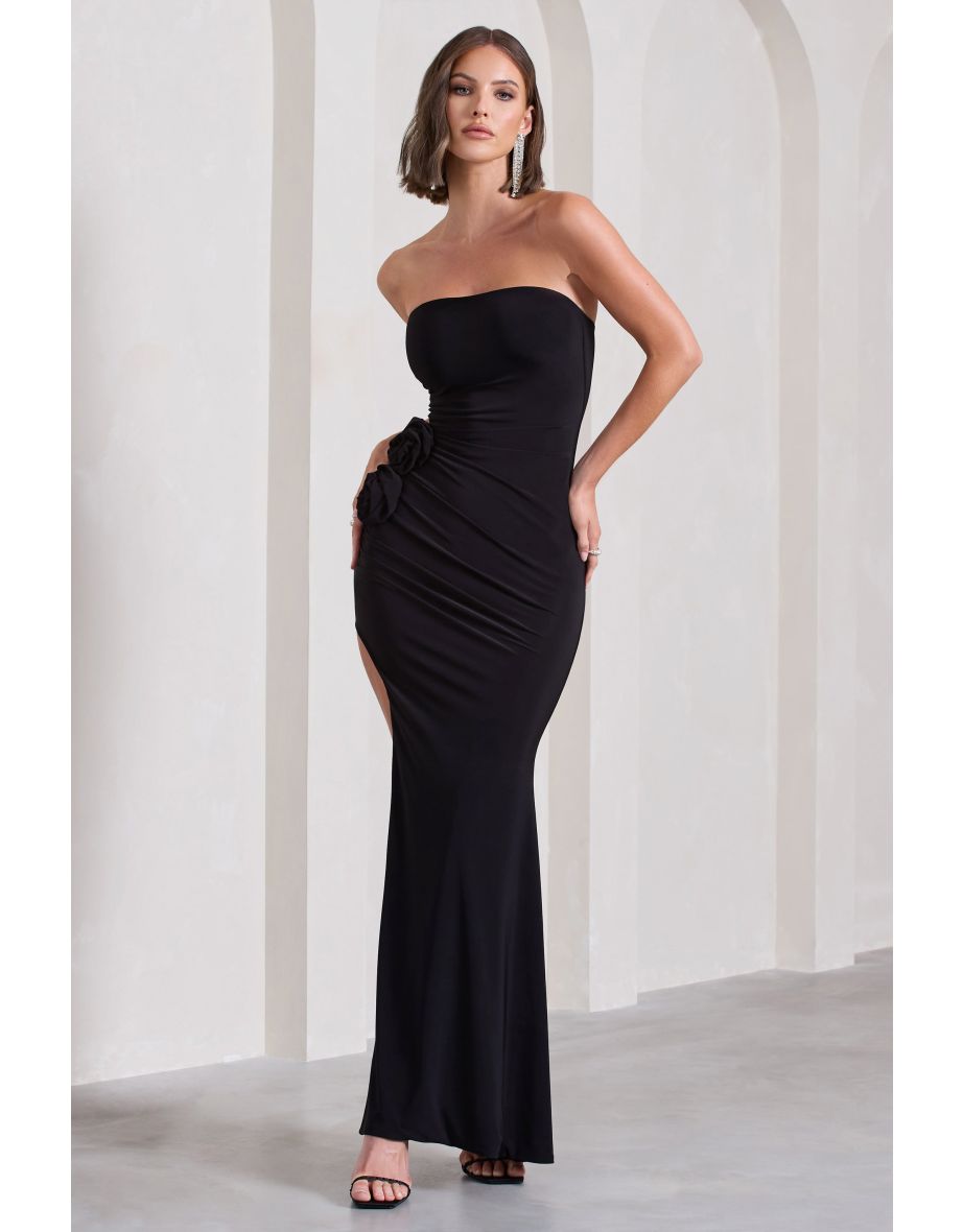 My Muse | Black Ruched Bandeau Split Maxi Dress With Flowers - 4