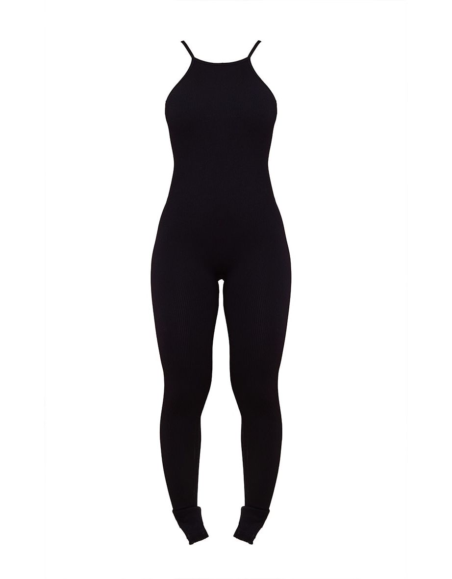 Black Structured Contour Ribbed Strappy Racer Neck Jumpsuit - 4