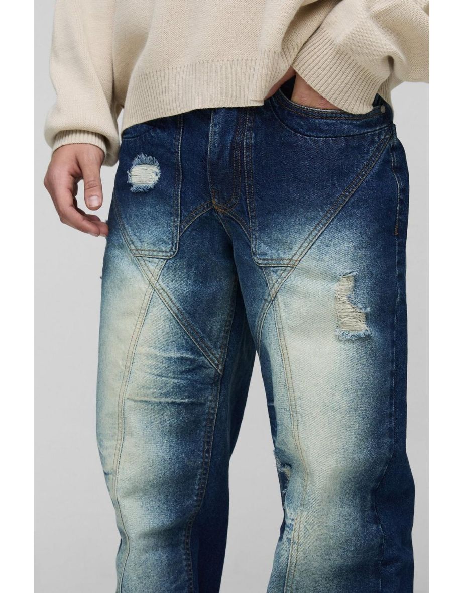 Relaxed Rigid Distressed Panelled Crinkle Wash Denim Jeans - 2