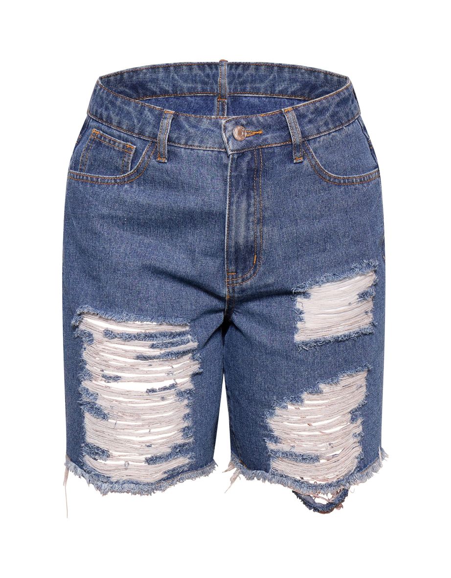 Mid Blue Wash Distressed Longline Boyfriend Shorts - 5