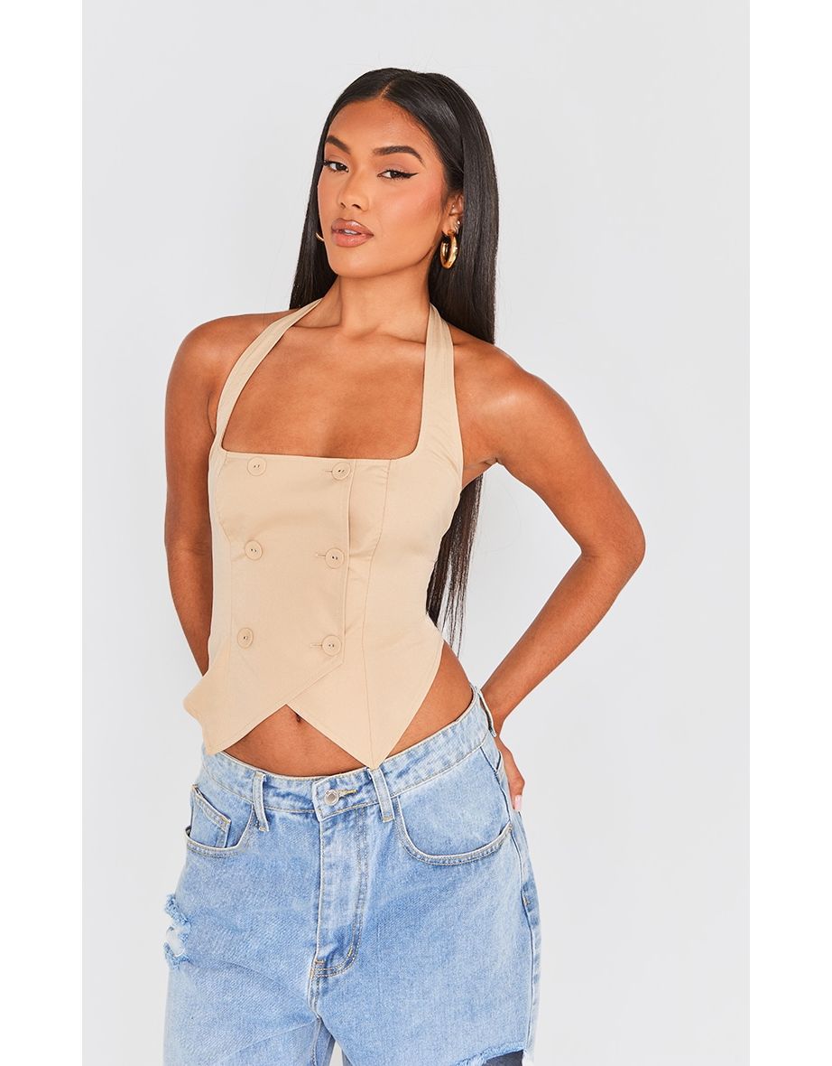 Stone Woven Halter Neck Button Detail Waist Coat