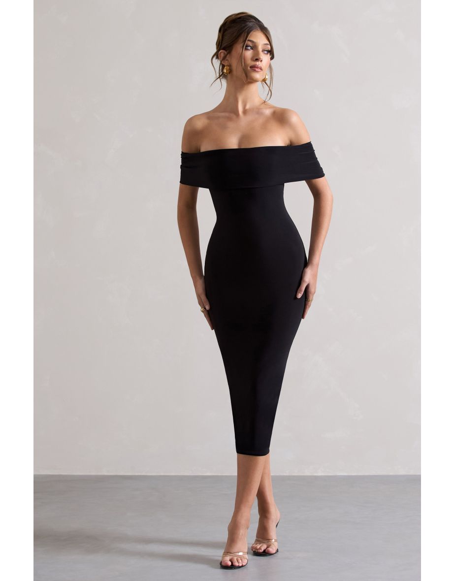 Averie | Black Bodycon Bardot Midaxi Dress