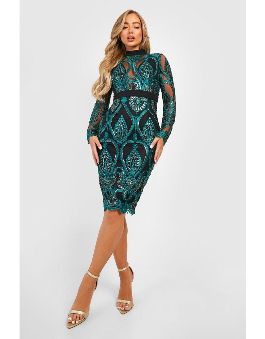 Sequin Damask Midi Party Dress - green