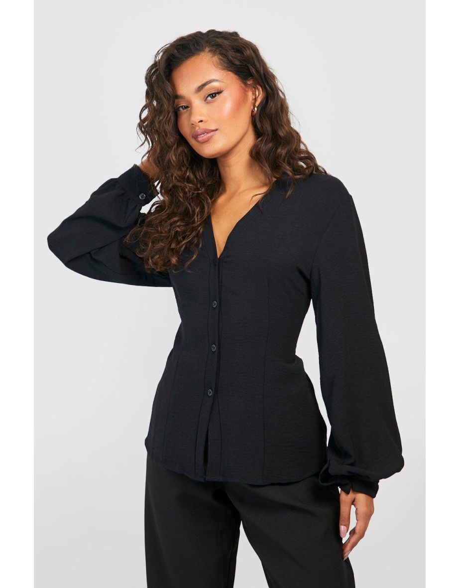Hammered Volume Sleeve Fitted Blouse - black