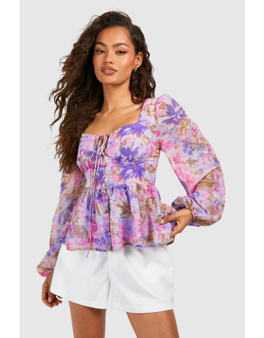 Floral Chiffon Balloon Sleeve Blouse - purple