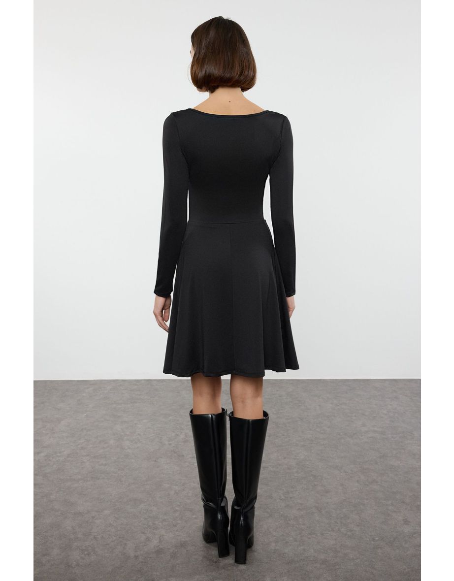 Black Mini Lined Skater Floral Detailed Gathered/Draped Stretch Knit Dress - 4