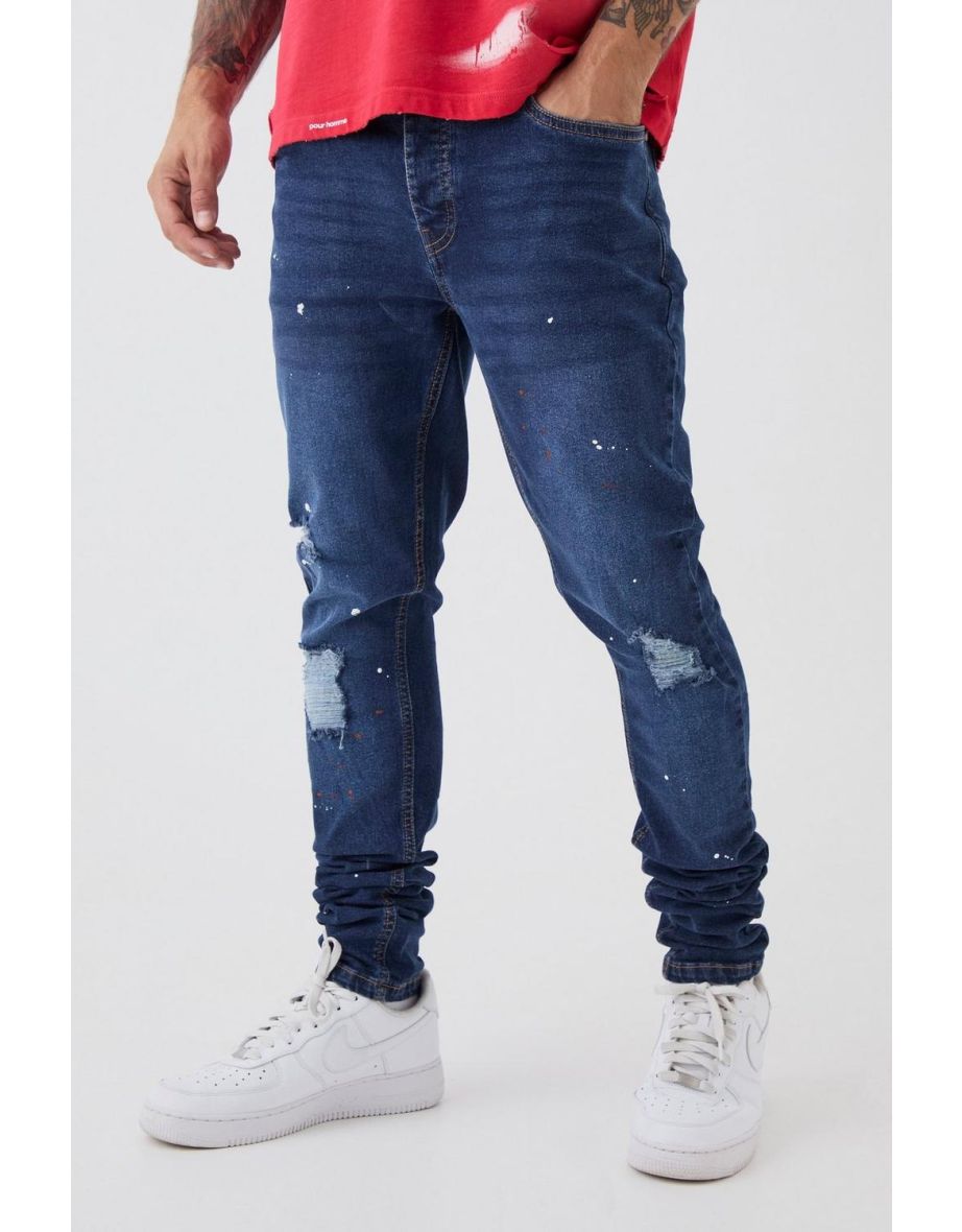Skinny Stretch Stacked Distressed Paint Splatter Denim Jeans - mid blue
