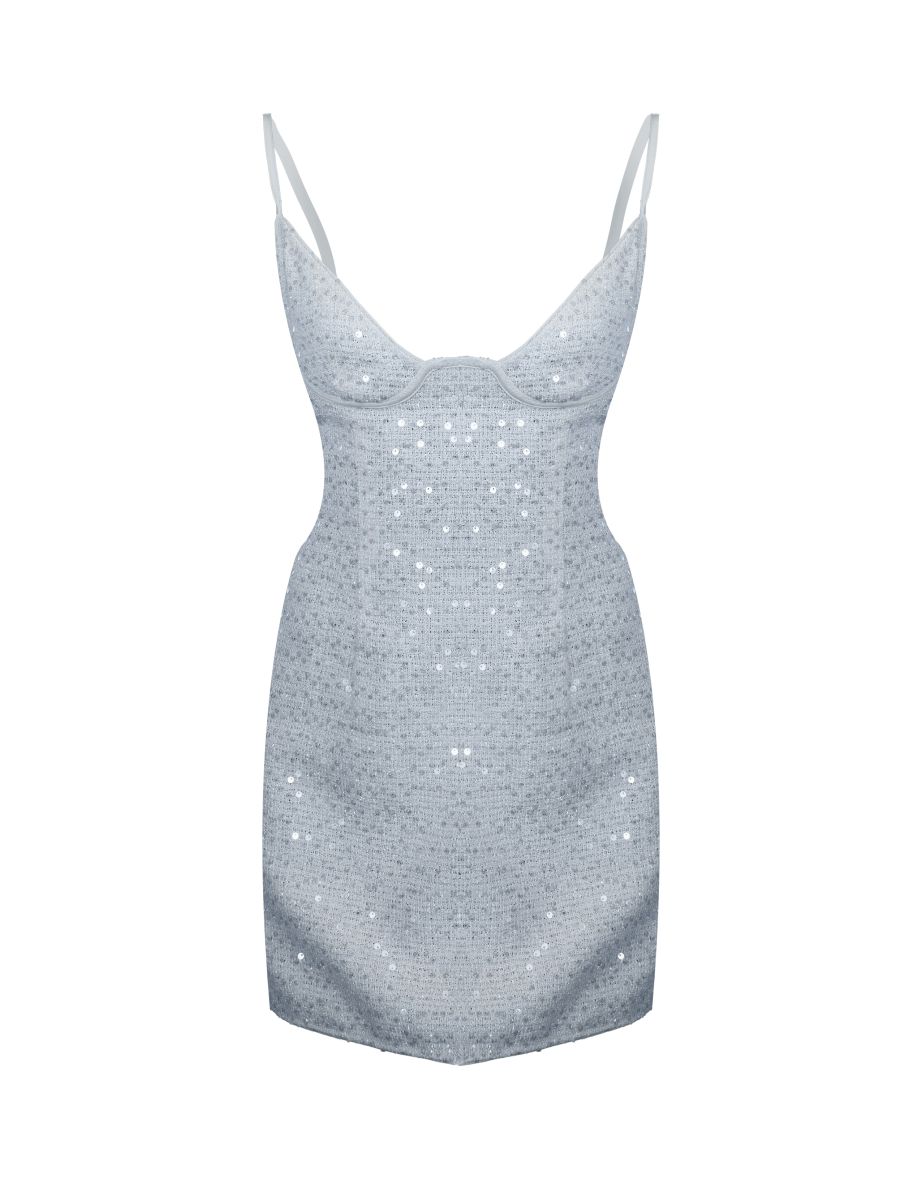 Pastel Blue Textured Sequin Corset Strappy Dress - 4